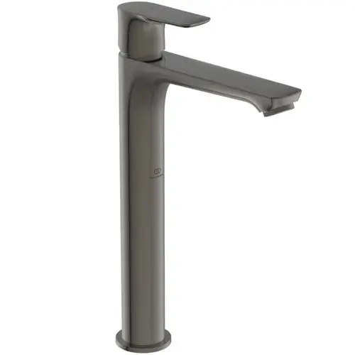 Ein schlanker Wasserhahn in Magnetgrau von Ideal Standard mit einer flachen Griffoberfläche und einem modernen, minimalistischen Design.